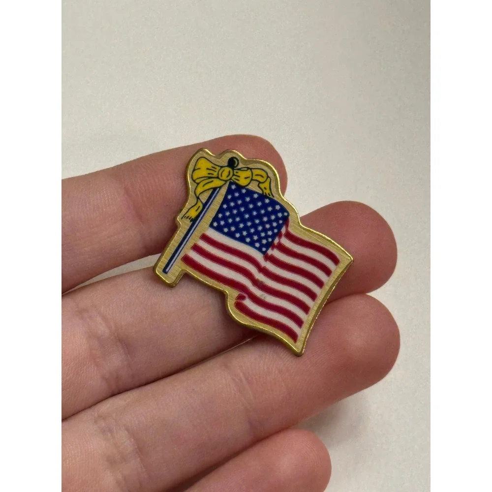 Vintage American Flag Lapel Pin Yellow Bow Union Made USA Patriotic Gold Tone